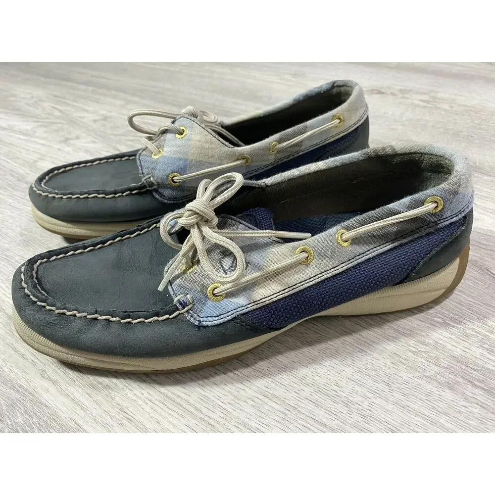 Sperry Top Sider Navy Blue Plaid Boat Shoes Loafers Leather Upper Size 7M